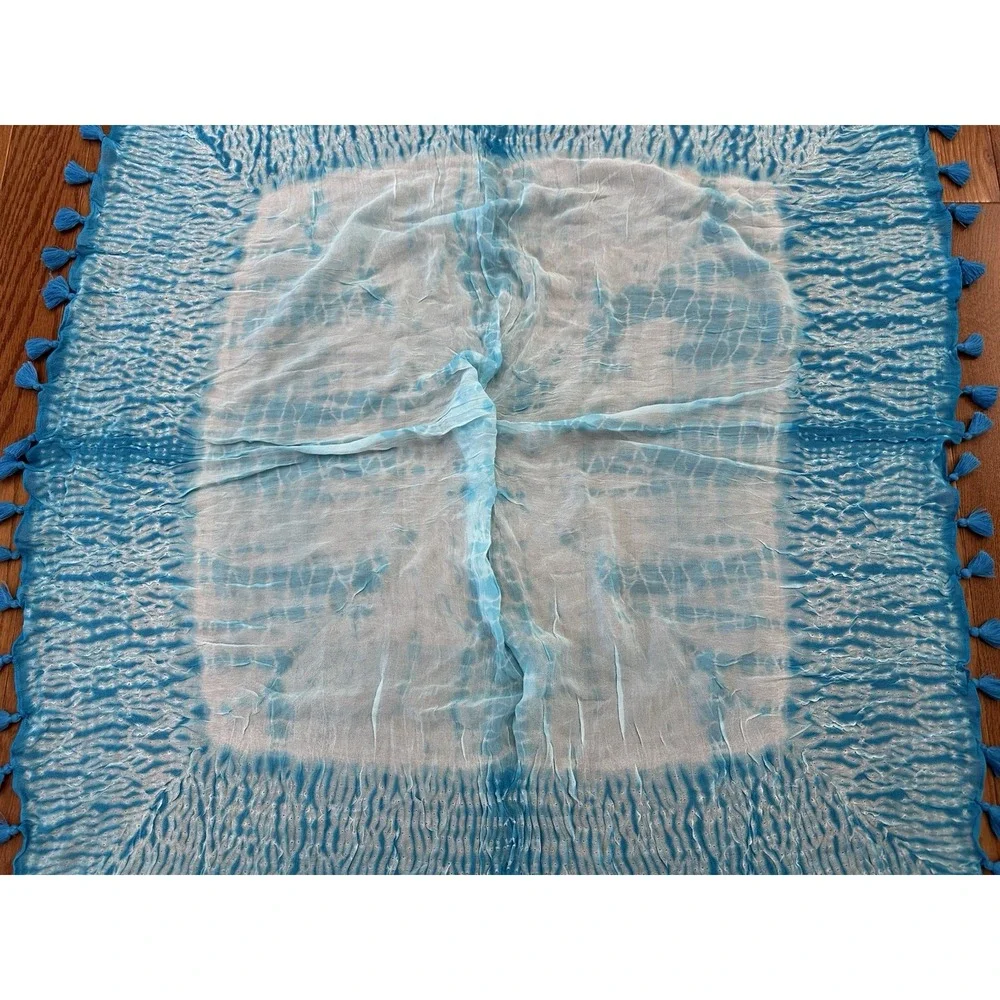 Eileen Fisher Womens Artisanal Silk Tasseled Square Scarf Wrap Blue‎ NWT